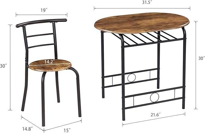 VECELO 3 Piece Small Round Dining Table Set for Kitchen Breakfast Nook, Wood Grain Tabletop with Wine Storage Rack, Save Space, 31.5", Antique & Black - LeafyLoom
