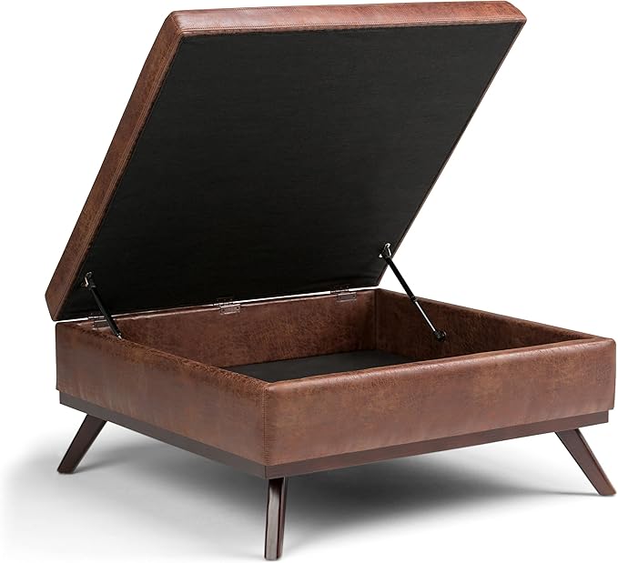 SIMPLIHOME Owen 36 Inch Wide Mid Century Modern Square Coffee Table Lift Top Storage Ottoman in Upholstered Distressed Saddle Brown Faux Leather, For the Living Room - LeafyLoom