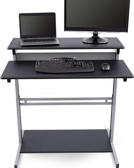 Stand Up Desk Store Rolling Adjustable Height Two Tier Standing Desk Computer Workstation (Silver Frame/Black Top, 40" Wide) - LeafyLoom