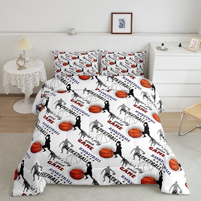 Erosebridal Teen Boys Basketball Bedding Full Size Basketball Player Quilt Set Kids Girls Sports Bed Comforter Set All Season,Soft Lightweight Duvet Set 1 Basketball Comforter and 2 Pillow Cases - LeafyLoom