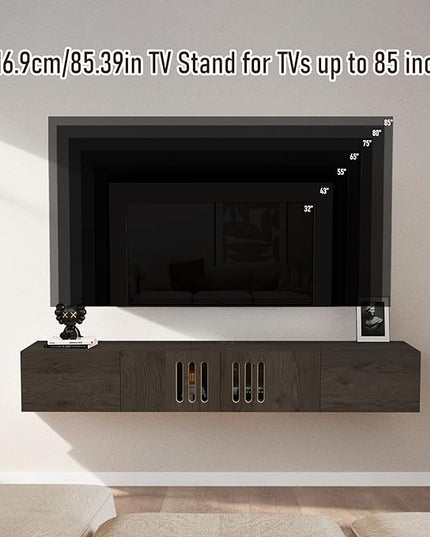 Pmnianhua Floating TV Stand,85'' Wall Mounted TV Cabinet, Mid Century TV Bench Under TV Entertainment Center Shelf TV Console Table with 4 Cabinets for Living Room Bedroom (Dark Grey) - LeafyLoom