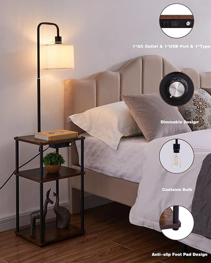 Floor Lamp with Table, Lamps for Living Room with Charging Station(USB &Type-C &AC Port), Rustic End Table Lamp with Shelves & 3-Color Temperature LED Bulb, Lamp Table for Living Room, Bedroom - LeafyLoom
