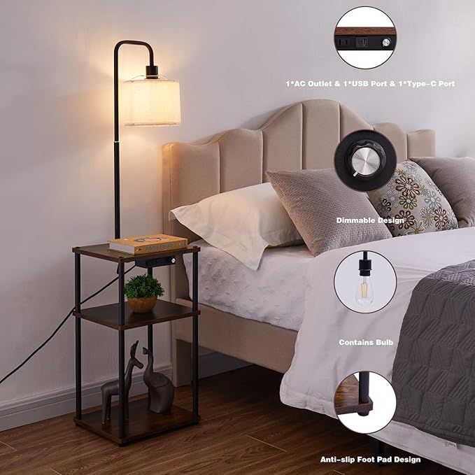 Floor Lamp with Table, Lamps for Living Room with Charging Station(USB &Type-C &AC Port), Rustic End Table Lamp with Shelves & 3-Color Temperature LED Bulb, Lamp Table for Living Room, Bedroom - LeafyLoom
