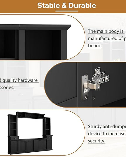 Merax Minimalist Entertainment Wall Unit Set with Bridge Ample Storage Space and Adjustable Shelves, TV Stand for Televisions Up to 75'', Modernist Large Media Console for Living Room, Black - LeafyLoom
