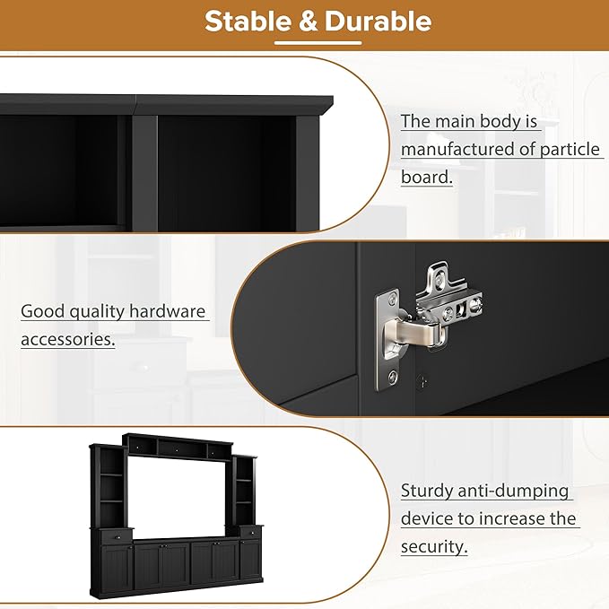 Merax Minimalist Entertainment Wall Unit Set with Bridge Ample Storage Space and Adjustable Shelves, TV Stand for Televisions Up to 75'', Modernist Large Media Console for Living Room, Black - LeafyLoom