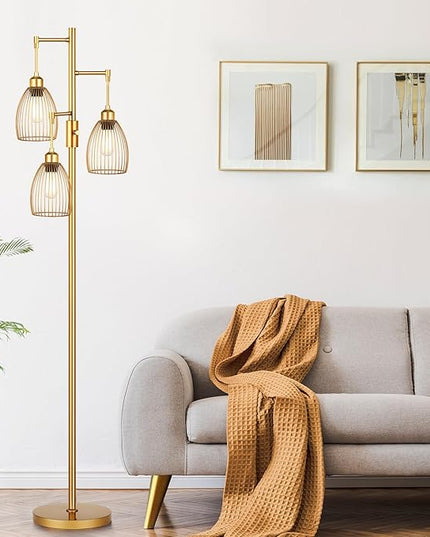 Dimmable Floor Lamp, Industrial Floor Lamps for Living Room, Gold Tree Lamp Standing Lamp Tall Lamps with 3 Elegant Teardrop Cage Head & 800 Lumens LED Bulbs for Living room Bedroom Office - LeafyLoom