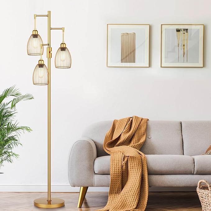 Dimmable Floor Lamp, Industrial Floor Lamps for Living Room, Gold Tree Lamp Standing Lamp Tall Lamps with 3 Elegant Teardrop Cage Head & 800 Lumens LED Bulbs for Living room Bedroom Office - LeafyLoom