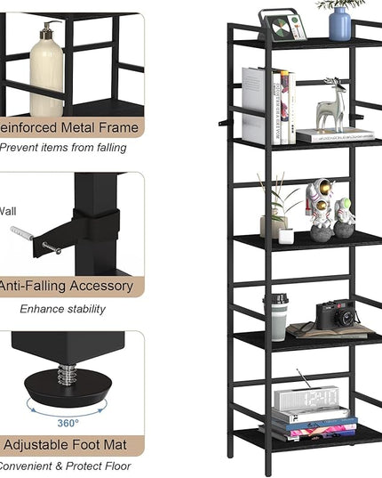 DOMYDEVM Black Tall Bookshelf Storage Organizer, 5 Tier Industrial Freestanding Bookshelf, Large Storage Tired Shelves, Metal Bookshelf 52.76in(H) for Small Space, Home Office, Living Room, Bedroom - LeafyLoom