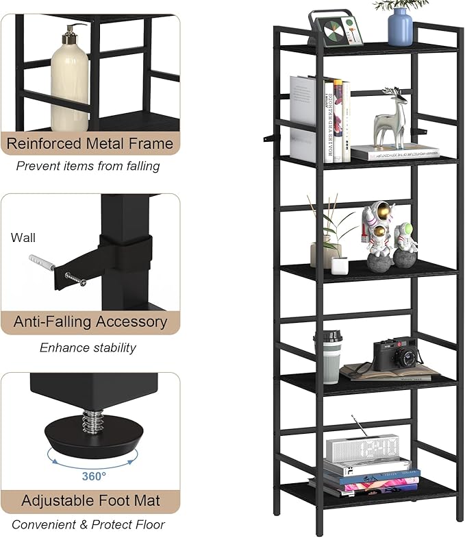 DOMYDEVM Black Tall Bookshelf Storage Organizer, 5 Tier Industrial Freestanding Bookshelf, Large Storage Tired Shelves, Metal Bookshelf 52.76in(H) for Small Space, Home Office, Living Room, Bedroom - LeafyLoom