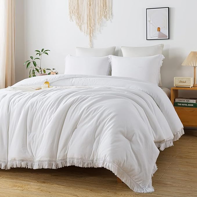 Andency White Comforter Set California King, Boho Tassel Lightweight Bedding Comforter Sets, 3 Pieces All Season Soft Fluffy Fringe Bed Set (104x96In Comforter & 2 Pillowcases) - LeafyLoom