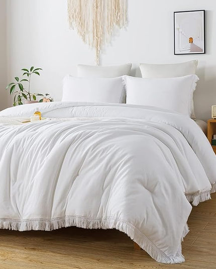 Andency White Comforter Set Queen, 3 Pieces Boho Lightweight Bedding Comforter Sets, All Season Soft Bed Set (90x90In Comforter & 2 Pillowcases) - LeafyLoom