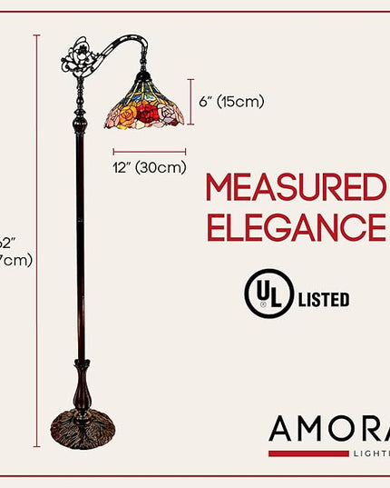 Amora Tiffany Floor Lamp - Arched, Stained Glass 62” with Foot Switch Operation and Adjustable Lamp Shade - Custom Handcrafted Floor Lamps for Living Room in Red Yellow Green Rose Flower - LeafyLoom