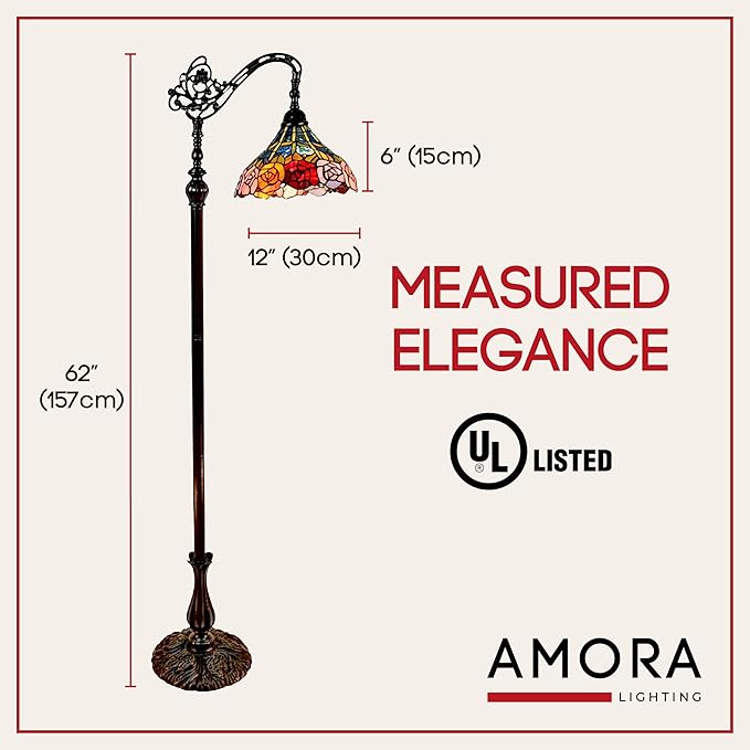 Amora Tiffany Floor Lamp - Arched, Stained Glass 62” with Foot Switch Operation and Adjustable Lamp Shade - Custom Handcrafted Floor Lamps for Living Room in Red Yellow Green Rose Flower - LeafyLoom