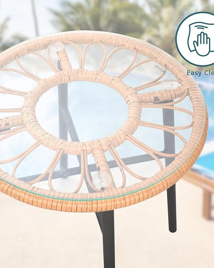 3 Piece Patio Furniture Outdoor Conversation Bistro Set with Tempered Coffee Table and Wicker Chairs for Garden Balcony Backyard Yard Poolside (Green) - LeafyLoom