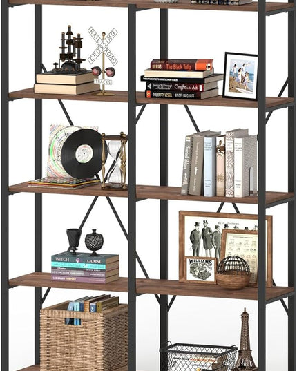 BON AUGURE Industrial Bookshelves and Bookcases, Farmhouse Large Book Shelves, 5 Tier Heavy Duty Open Bookcase, Tall Wood Metal Shelving Unit for Living Room, Bedroom, Office (Rustic Oak) - LeafyLoom