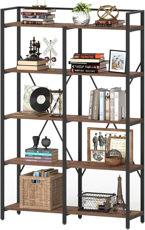 BON AUGURE Industrial Bookshelves and Bookcases, Farmhouse Large Book Shelves, 5 Tier Heavy Duty Open Bookcase, Tall Wood Metal Shelving Unit for Living Room, Bedroom, Office (Rustic Oak) - LeafyLoom