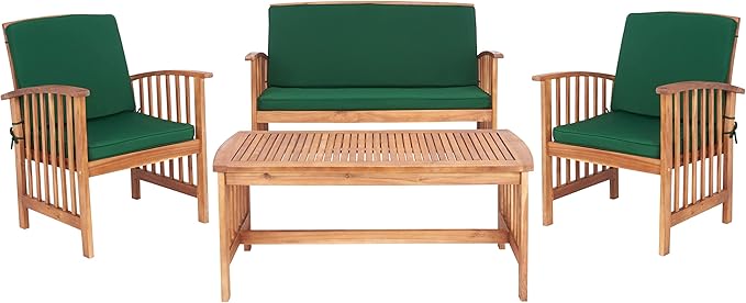SAFAVIEH Outdoor Collection Rocklin Natural/ Green Cushion 4-Piece Conversation Patio Set - LeafyLoom