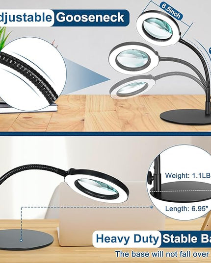 10X Magnifying Glass with Light, Flexible Gooseneck Lighted Magnifier with Stand, 5 Color Modes Stepless Dimmable LED Desk Lamp Hands Free for Crafts Painting Sewing Jewelry Reading Close Work - LeafyLoom
