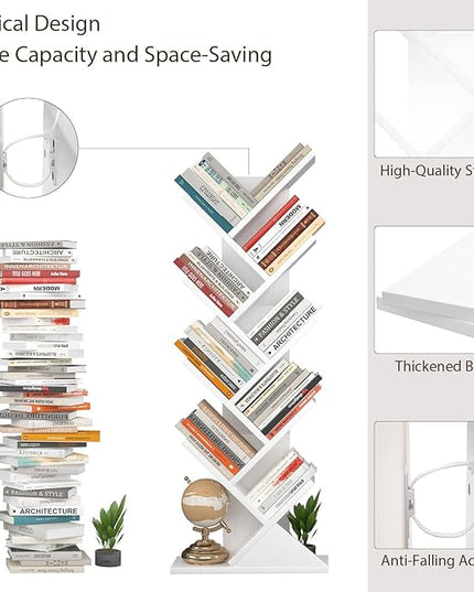 Topfurny Tree Bookshelf, 9-Tier Shelf Rustic Brown Bookcase, Retro Wood Storage Rack for CDs/Movies/Books, Anti-Fall Utility Organizer Shelves for Living Room, Bedroom, Home Office, White - LeafyLoom
