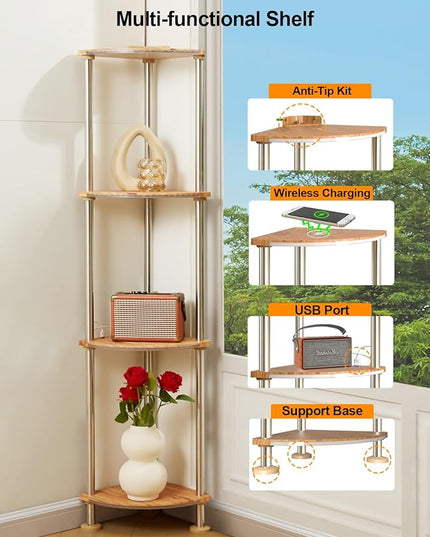Floor Lamps with Shelves Dimmable, Corner Lamp with Shelves Height Adjustable, Corner Cabinet with Color Changing and Music Sync for Living Room - Wood Grain - LeafyLoom