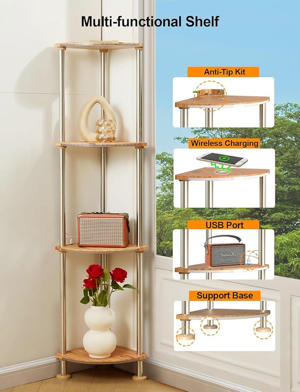 Floor Lamps with Shelves Dimmable, Corner Lamp with Shelves Height Adjustable, Corner Cabinet with Color Changing and Music Sync for Living Room - Wood Grain - LeafyLoom