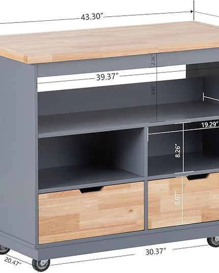 RITSU Kitchen Island Cart with Storage, Two-sided Rolling Bar Storage Cabinet Organizer on Wheels Wooden Top, Portable Movable Table w/Wine and Spice Rack, 2 Drawers, for Dining Room, Grey Blue - LeafyLoom