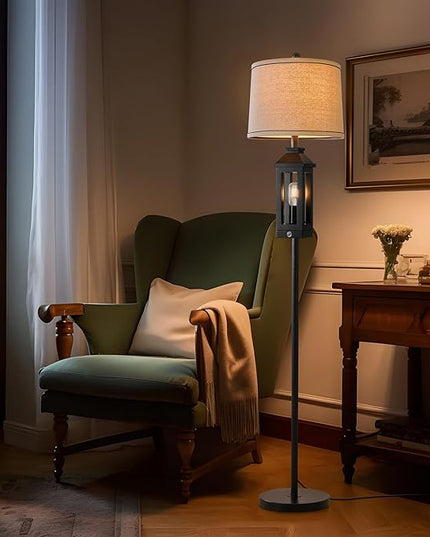 63" Floor Lamps for Living Room Bedside Nightstand Lamp All Black Tall Standing Lamp for Home Decor Bedroom Reading Lamp Farmhouse Rustic Bed Lights with 2 Light Sources (2 Bulbs) - LeafyLoom