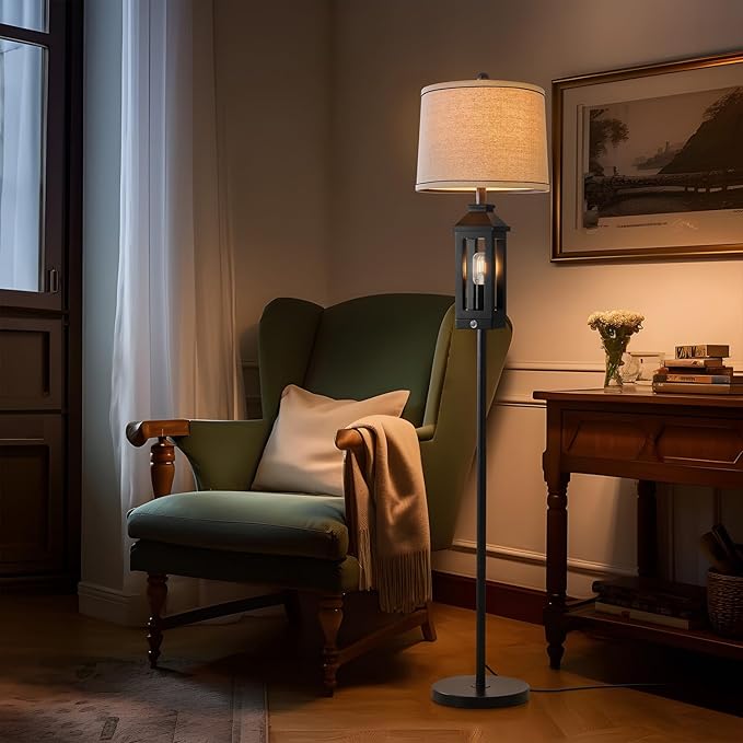 63" Floor Lamps for Living Room Bedside Nightstand Lamp All Black Tall Standing Lamp for Home Decor Bedroom Reading Lamp Farmhouse Rustic Bed Lights with 2 Light Sources (2 Bulbs) - LeafyLoom