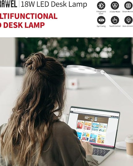 LED Desk Lamp for Home Office - Natural Eye-Caring Table Light, Adjustable Metal Swing Arm with 18W Dimmable Bright Reading Task Lampara Memory Function White - LeafyLoom