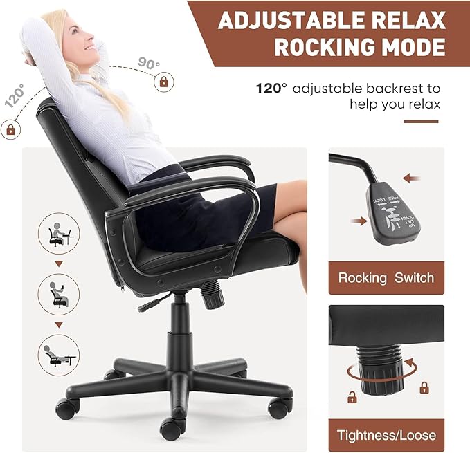 OLIXIS Home Office Mid-Back Computer Desk Chair with Armrests Height Adjustable, 360-Degree Swivel, Lumbar Support, PU Leather, Ivory - LeafyLoom