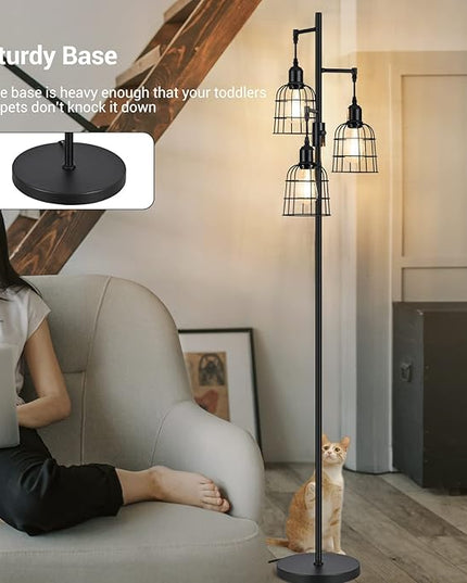 EDISHINE Farmhouse Dimmable Floor Lamp, 3 LED Edison Bulbs Included, Industrial Tree Standing Lamp for Living Room, 3 Metal Birdcage Lampshade, Rustic Tall Corner Lights for Bedroom, Family Room - LeafyLoom