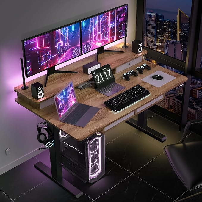 55 * 30 Inches Electric Standing Widened Desk Adjustable Height with 4 Drawers, Double Storage Shelves Stand Up Desk, Home Office Workstation Sit Stand up Desk (Light Rustic Brown) - LeafyLoom