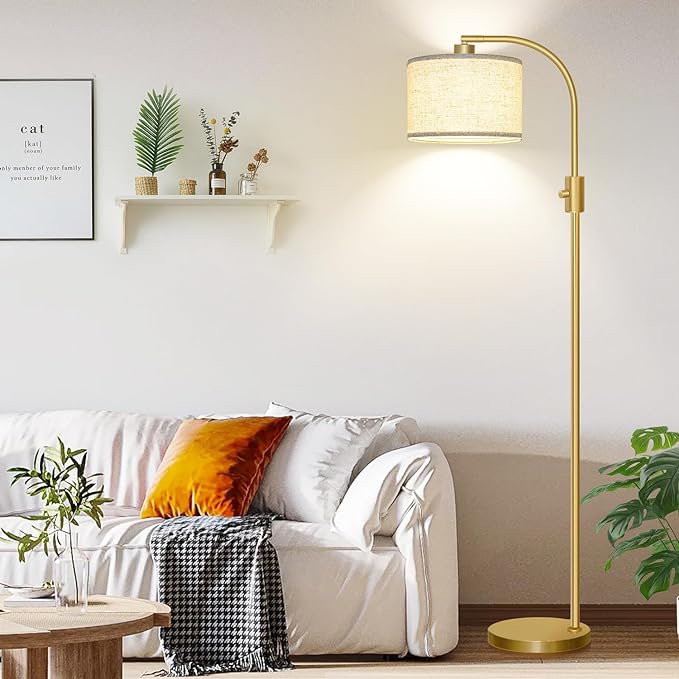 【Upgraded】 Dimmable Floor Lamp, 1200 Lumens LED Bulb Included, Gold Arc Floor Lamps for Living Room Modern Standing Lamp with Linen Shade, Tall Lamp for Living Room Bedroom Office Reading Room Nursery - LeafyLoom