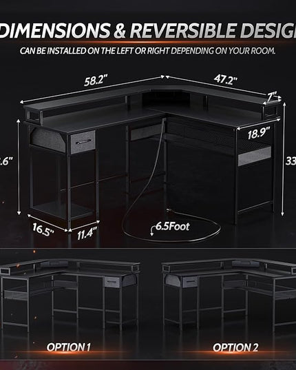 CubiCubi L Shaped Gaming Desk with LED Lights and Power Outlets, 58" Reversible Corner Computer Desk with Storage Shelves and Drawer, Home Office Desk with Monitor Stand, Black - LeafyLoom
