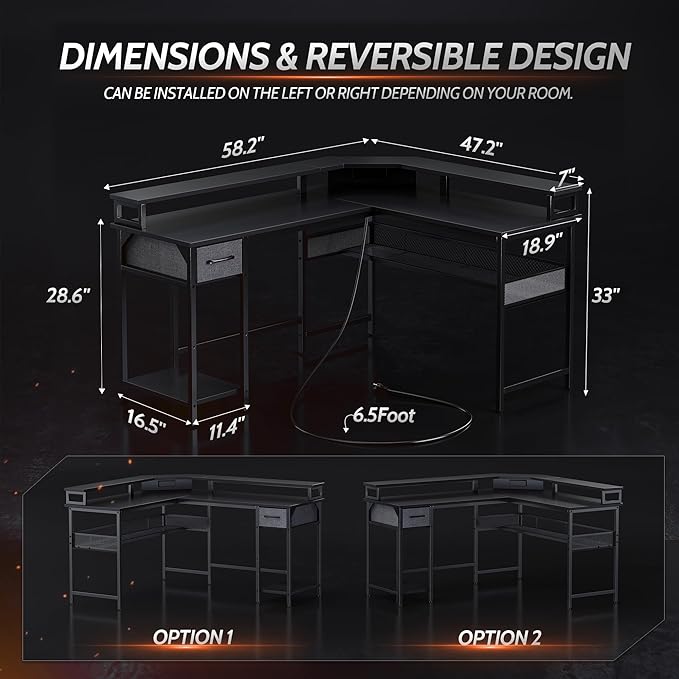 CubiCubi L Shaped Gaming Desk with LED Lights and Power Outlets, 58" Reversible Corner Computer Desk with Storage Shelves and Drawer, Home Office Desk with Monitor Stand, Black - LeafyLoom