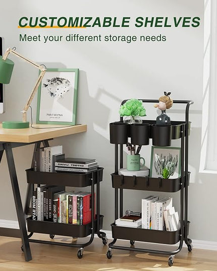 LEHOM 3-Tier Rolling Mobile Utility Cart with Hanging Cups & Hooks & Handle Multifunctional Organizer Storage Trolley Service Cart with Wheels Easy Assembly for Office, Bathroom, Kitchen (Black) - LeafyLoom