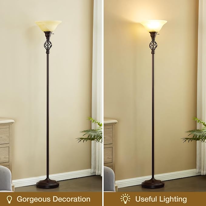 Victorian Floor Lamp, Standing Lamp with Glass Bowl Shade, Torchiere Floor Lamp with Metal Body & Heavy Base, 72-Inch Floor Lamp Decor for Living Room Bedroom Den Office (Bulb Included) - LeafyLoom