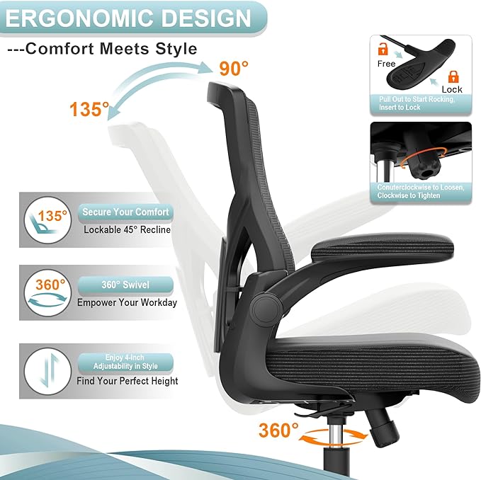 Home Office Chair, High Back Desk Chair Adjustable Height and Ergonomic Design Home Office Computer Chair Executive Lumbar Support Padded Flip-up Armrest Swivel Task Chair - LeafyLoom