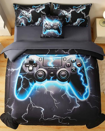 Game Console Full Comforter Set with Sheets, Microfiber 6 Pcs Bed in A Bag Full Size Gamer Bedding Set for Boys Kids Teens - LeafyLoom