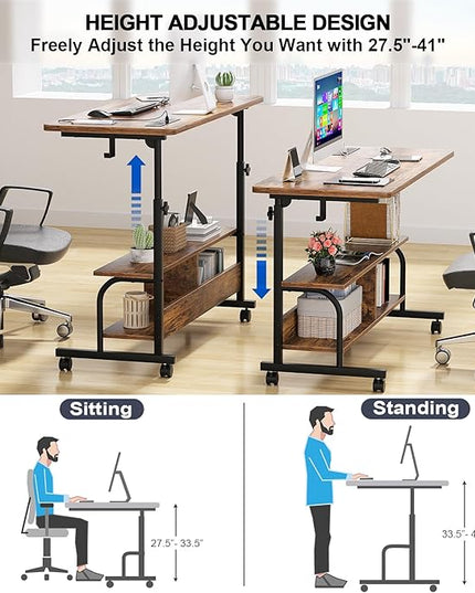 Height Adjustable Standing Desk with Power Outlets, 47" Manual Stand Up Desk with Storage Shelves Small Mobile Rolling Computer Desk Portable Laptop Table with Wheels for Home Office, Rustic - LeafyLoom