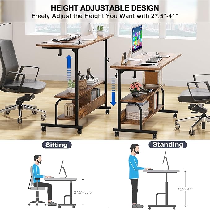 Height Adjustable Standing Desk with Power Outlets, 47" Manual Stand Up Desk with Storage Shelves Small Mobile Rolling Computer Desk Portable Laptop Table with Wheels for Home Office, Rustic - LeafyLoom