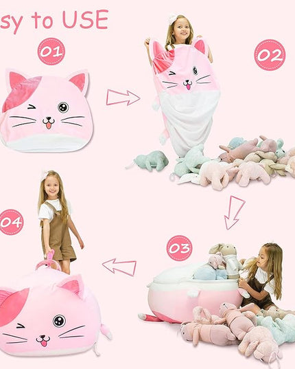 Cute Cat Bean Bag Chair for Kids, Pink Stuffed Animal Storage Beanbag Chairs for Girls Room Decor, Extra Large Size, Velvet Super Soft Cover Only - LeafyLoom