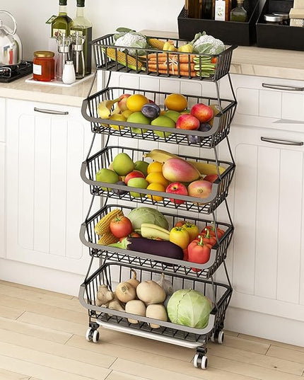 Wisdom Star 5 Tier, Kitchen Fruit Vegetable Storage Cart, Vegetable Basket Bins for Onions and Potatoes, Wire Storage Organizer Utility Cart with Wheels, Black - LeafyLoom
