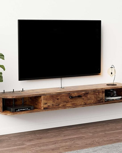 Floating TV Unit, 55'' Wall Mounted TV Cabinet, Floating Shelves with Door, Modern Entertainment Media Console Center Large Storage TV Bench for Living Room & Office (55.12IN, Rustic Brown) - LeafyLoom