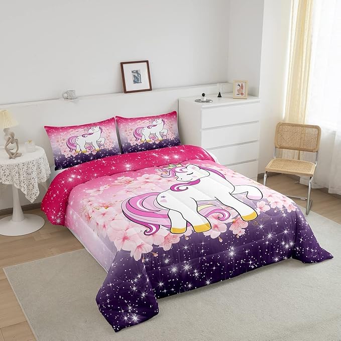 Unicorn Comforter Set King Glitter Bedding Set Cherry Blossoms Duvet Insert Kids Cartoon Kawaii Animal Down Comforter Ombre Galaxy Stars Fantasy Girls Room Decor Quilt Set Aesthetic Pink Purple - LeafyLoom