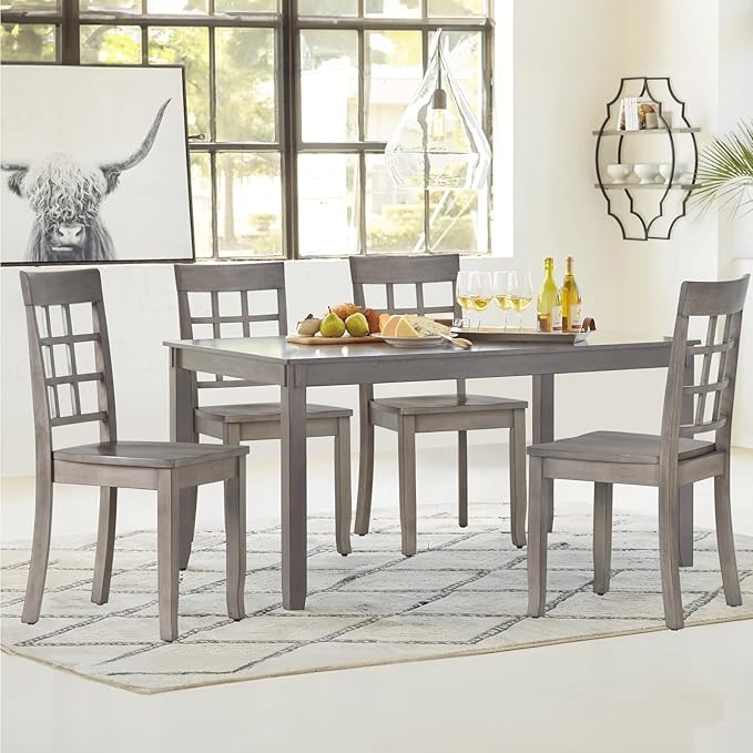 COLAMY Wooden Dining Chairs Set of 2, Nine-Square High Back Kitchen Side Chair, Farmhouse Dining Chairs for Kitchen and Dining Room, Light Grey - LeafyLoom