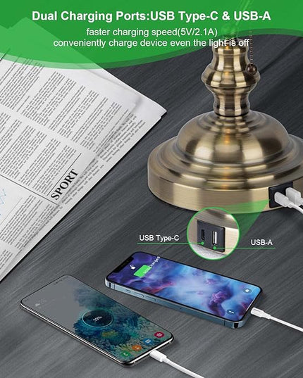 FIRVRE Green Glass Bankers Lamp, Retro Lamp with USB and Type C Charging Ports, Pull Chain Switch Desk Lamp with Brass Base, Vintage Desk Lamp for Home Office Workplace Study Room Bedroom - LeafyLoom