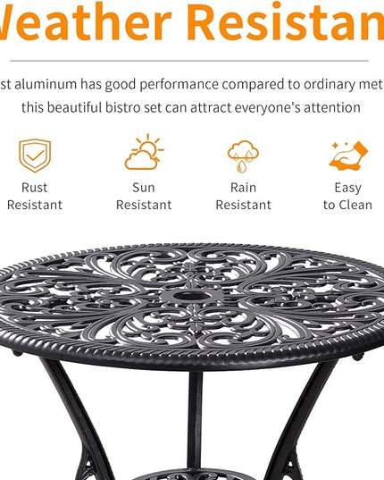 Outdoor Bistro Set 3 Piece Patio Bistro Set, Cast Aluminum Bistro Table and Chairs Set of 2, Small Patio Table Set for Porch, Black - LeafyLoom