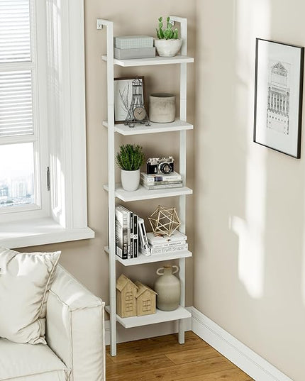 NUMENN Industrial Ladder Shelf, 5 Tier Book Shelf, Open Space Wall Mount Bookshelf with Metal Frame, Sturdy Book Shelves, Bookcase for Living Room, Home Office, White - LeafyLoom