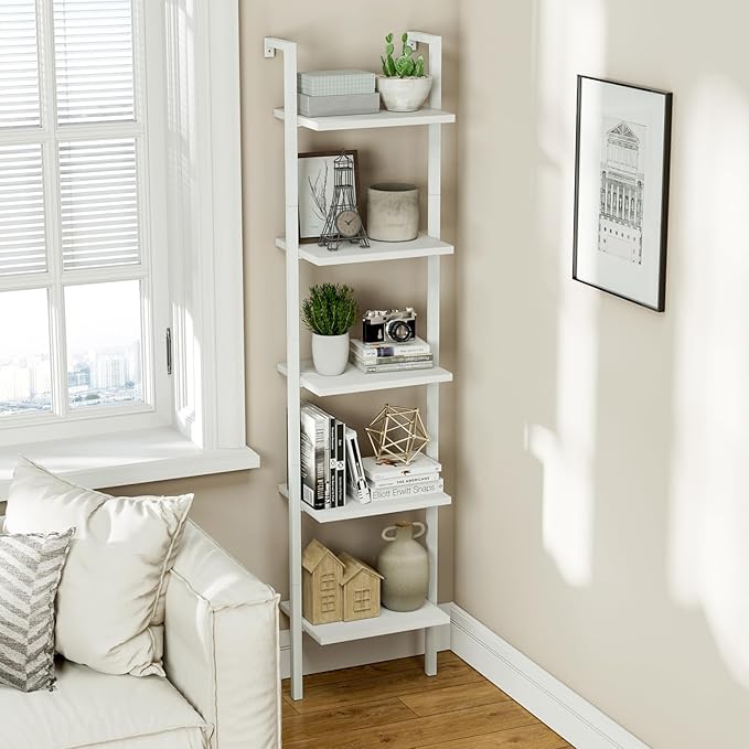NUMENN Industrial Ladder Shelf, 5 Tier Book Shelf, Open Space Wall Mount Bookshelf with Metal Frame, Sturdy Book Shelves, Bookcase for Living Room, Home Office, White - LeafyLoom